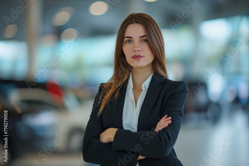 businesswoman standing in the car showroom