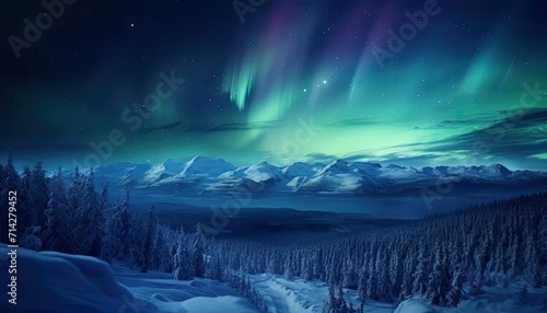 View of night sky with multicolored aurora borealis and snowy mountains peak background. Night glows in vibrant aurora reflection on the lake with forest. 