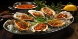 Oysters Kirkpatrick Elegance - Culinary Fusion of Grilled Oysters, Bacon, and Spicy Sauce,