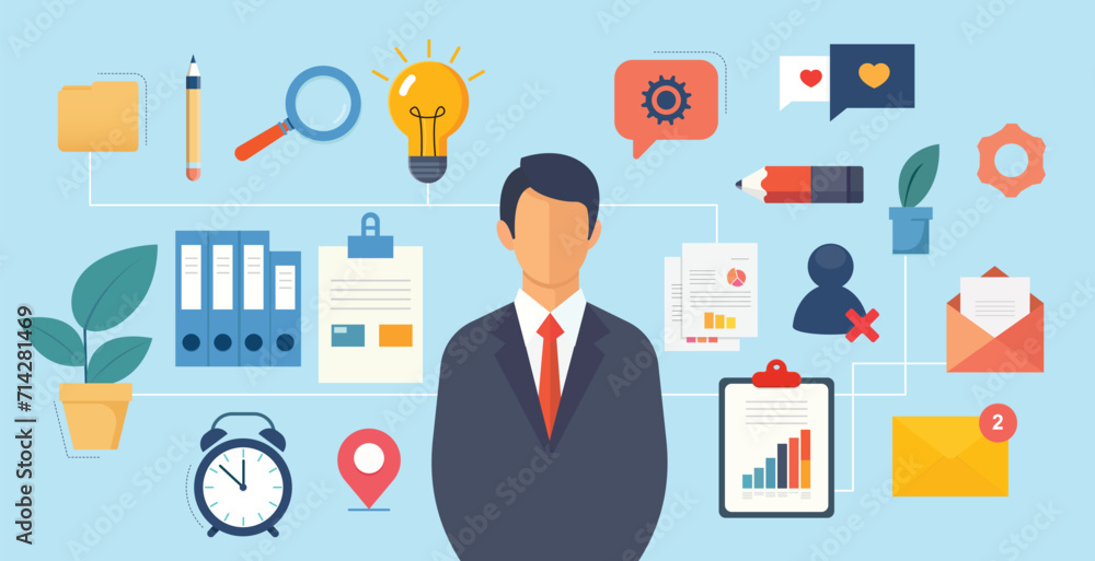 Professional Businessman Surrounded by Symbols of Productivity and Management Tools. Vector Illustration. Professional Businessman Surrounded by Symbols of Productivity and Management Tools. Vector Illustration.