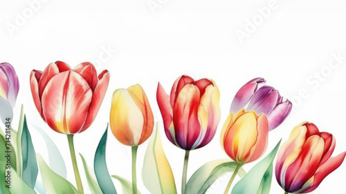 multicolored blooming tulips on white background with space for text, watercolor picture for congratulations