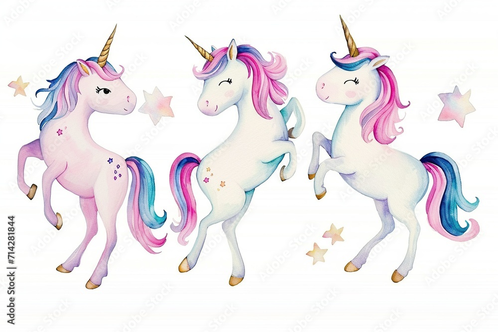 Fototapeta premium Watercolor illustration set of Unicorn, different poses