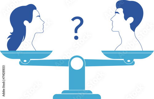 Man and woman profile outlines on opposite sides of a scale. Question mark in between of people. Gender equality and balance.
