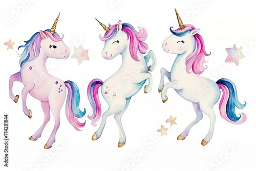 Watercolor illustration set of Unicorn, different poses