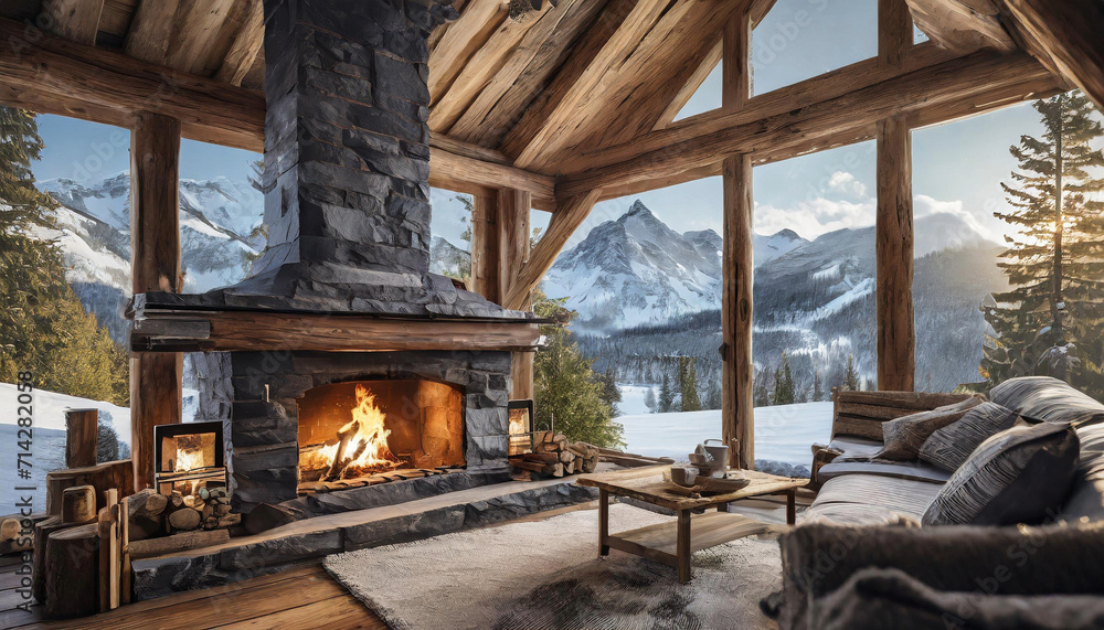 cozy fireplace in a mountain cabin, with rustic furnishings, wooden beams, and snowy landscapes visible through the windows