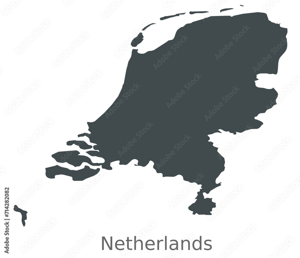Map of Netherlands, Western Europe. This elegant black vector map is ideal for use in graphic design, educational projects, and media, adaptable to various settings and resolutions.