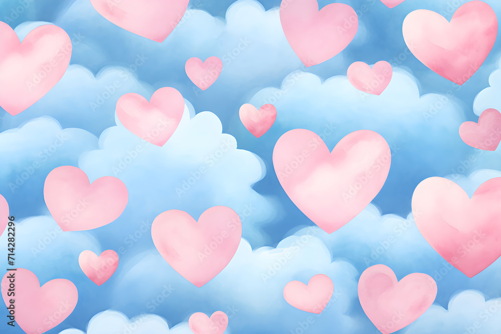 Abstract watercolor pattern with pink hearts on blue cloudy sky. Love, Valentines day, wedding concept. Romantic background for print, design greeting card, textile, paper