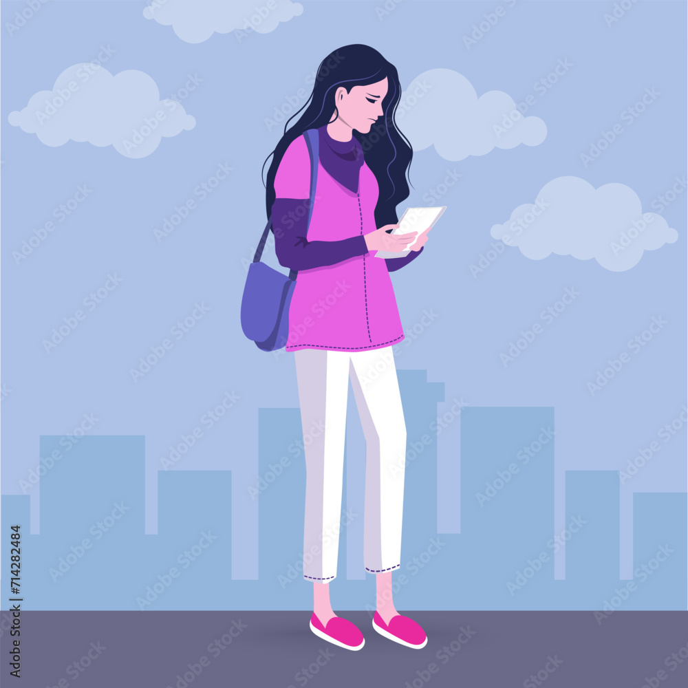 Sad woman walks through the city. Holds paper with documents or letter and bag in his hands. She is victim of violence and seeks social protection, support. Death of loved one. Flat illustration Sad woman walks through the city. Holds paper with documents or letter and bag in his hands. She is victim of violence and seeks social protection, support. Death of loved one. Flat illustration