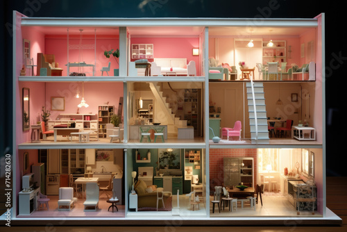 Three-storey six-space barbie dollhouse, pink colors, household supplies. Generative ai