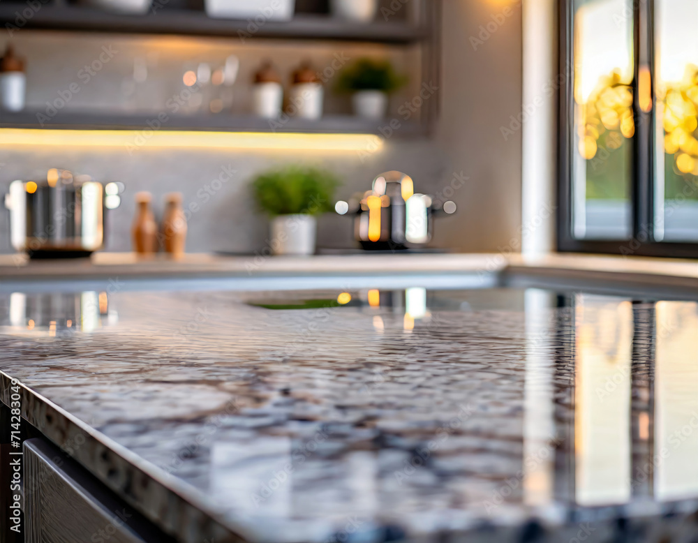 Empty Marble Kitchen Table: Modern Luxury Design in Blurred Background