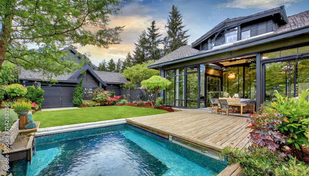 Design a backyard scene with a well-landscaped garden, a wooden deck, and a swimming pool, suitable for a family home