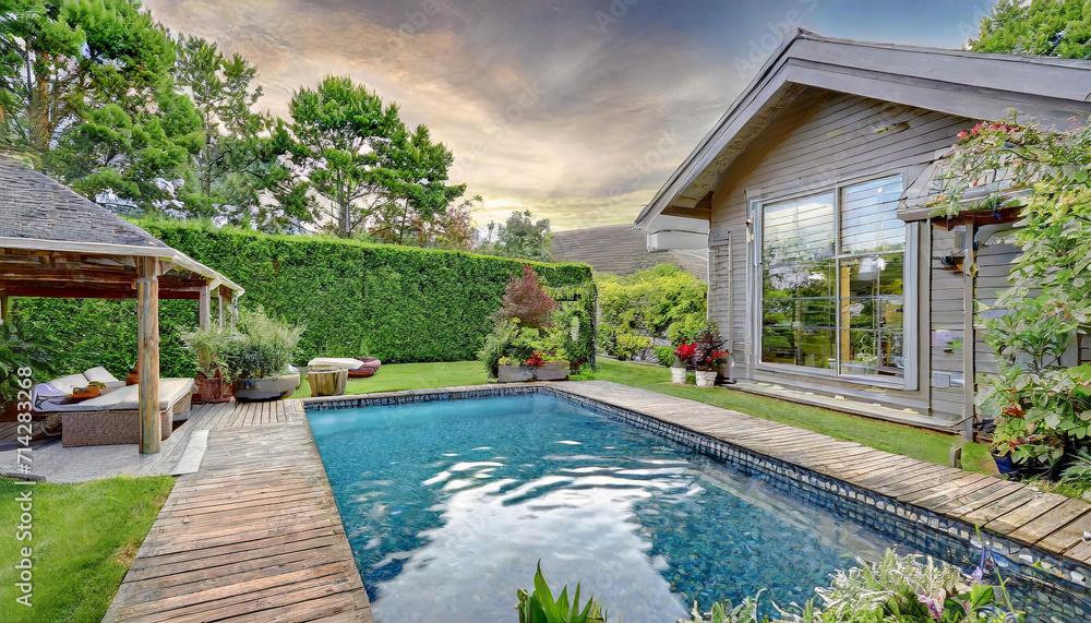 Design a backyard scene with a well-landscaped garden, a wooden deck, and a swimming pool, suitable for a family home