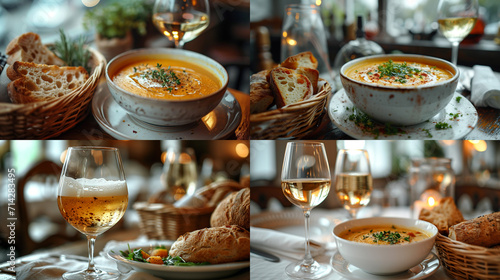 On a white table  a plate of pumpkin soup  a glass of white wine  a basket of rustic bread  Interior of a beautiful restaurant. Rustic.