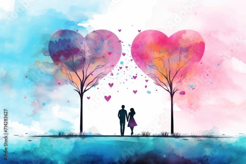 Romantic watercolor artwork with silhouette couple between heart-shaped tree canopies under vibrant sky. Romantic watercolor artwork and Valentine's Day painting.
