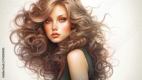 Beautiful hand-drawn illustration of a stunning Caucasian woman with loose curly locks on a white background