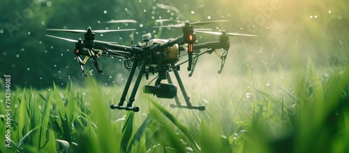 An industrial drone boosts productivity in agriculture by spraying useful pesticides and eradicating harmful insects. photo