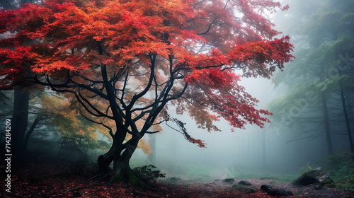 Enchanted autumn forest in fog in the morning. AI Generative.