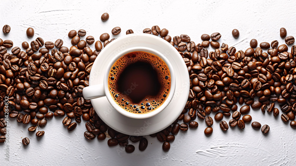 Naklejka premium Coffee cup and coffee beans isolated on white background. Top view.