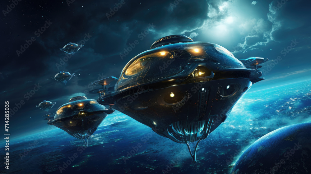 UFOs flying in outer space, dark and mysterious alien design. Generative ai UFOs flying in outer space, dark and mysterious alien design. Generative ai