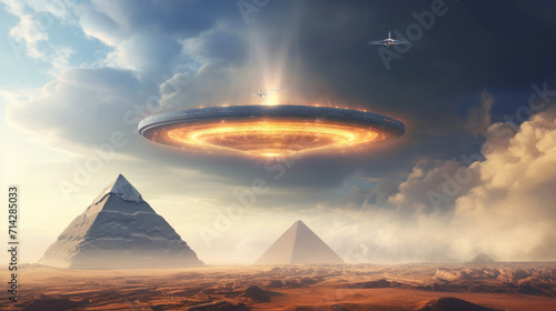 UFO design with energizing flying saucer, aliens and egyptian pyramids on the pyramid. Generative ai