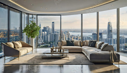 luxurious living room in a high-rise condominium, with floor-to-ceiling windows offering panoramic views of the skyline