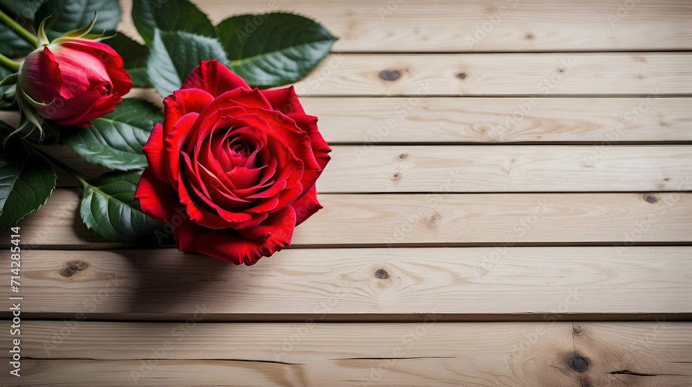 Top view of red rose flower isolated rustic wood background Top view of red rose flower isolated rustic wood background