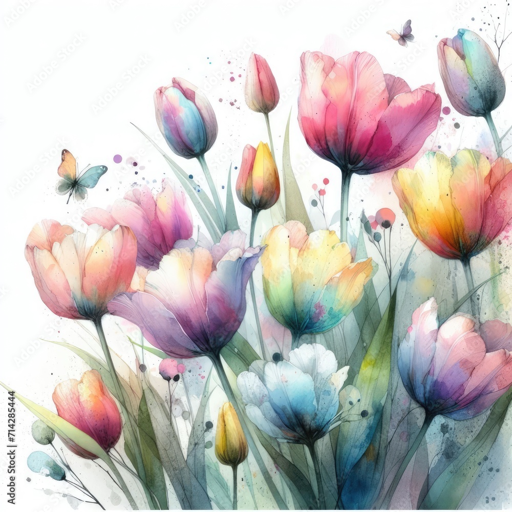 Watercolor Tulips: Vibrant Blossoms in Artistic Harmony