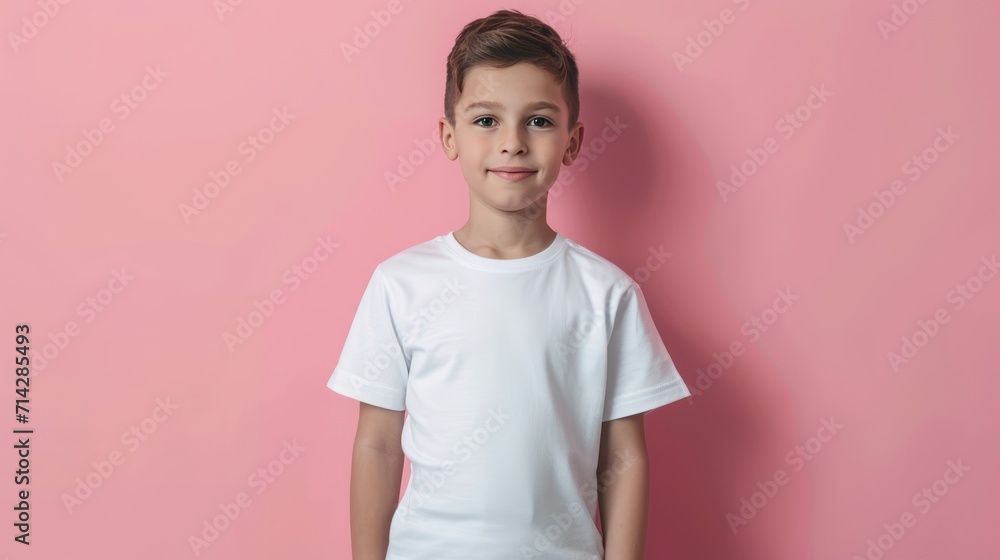 Male child, boy wearing white shirt mockup, at pink background, tshirt template, print presentation mock-up.