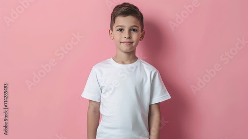 Obraz na płótnie Male child, boy wearing white shirt mockup, at pink background, tshirt template, print presentation mock-up. w salonie