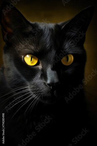 Very close up photo of black cat with yellow eyes