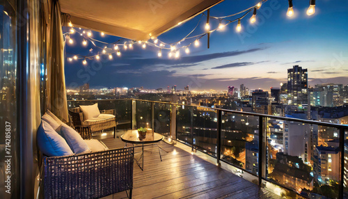nighttime view of a city apartment balcony, with string lights, comfortable seating, and a skyline illuminated with city lights © Dressers zone