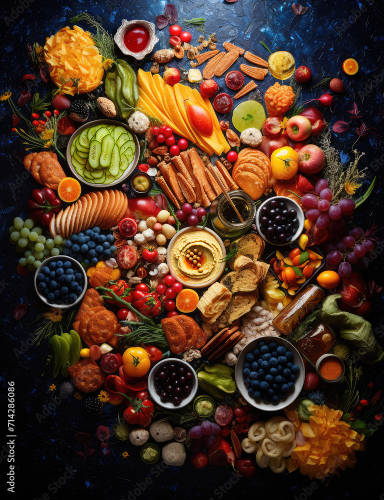 Top view background of different food ingredients ready for dinner party. Top view background of different food ingredients ready for dinner party.