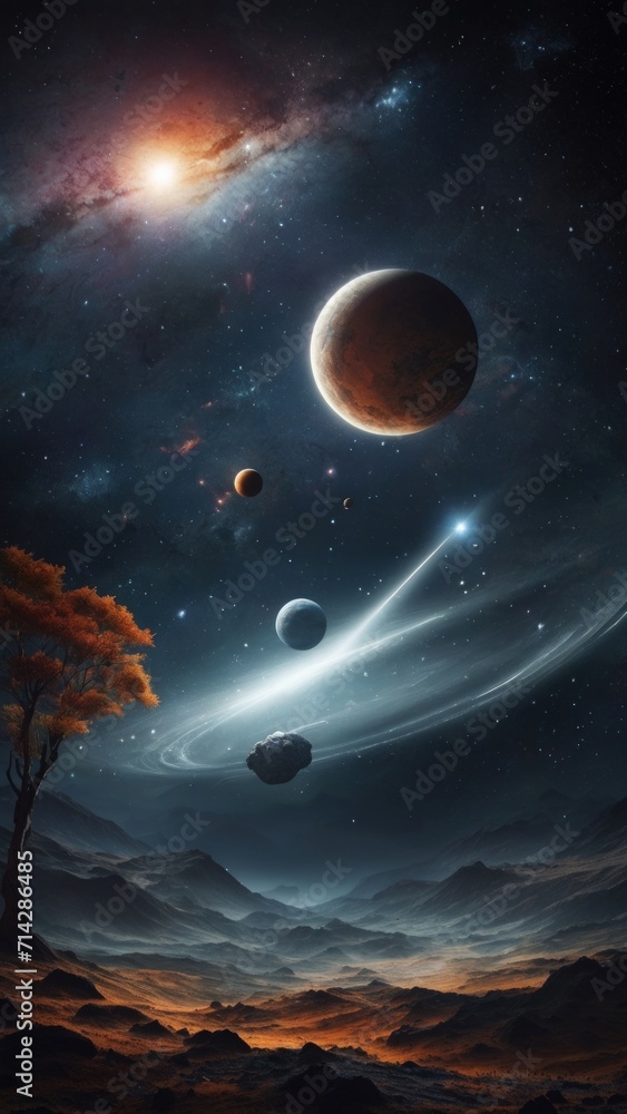 Futuristic fantasy landscape, sci-fi landscape with planet, neon light, cold planet. Galaxy with unknown planet landscape. Dark natural scene with light reflection in water. Neon space, generative AI.