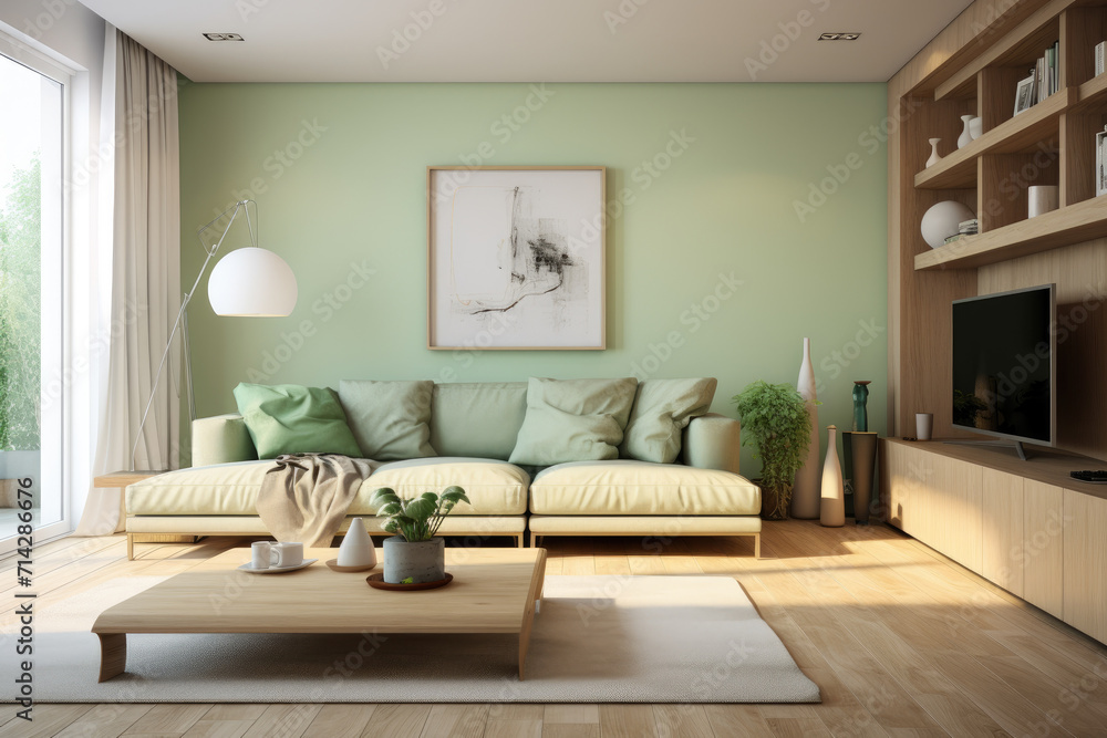 Fototapeta premium Wall seating group with painting modern minimal living room interior design light green colors