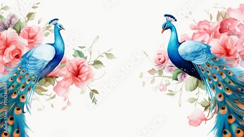 Beautiful peacocks frame watercolor flowers image Ai generated art
