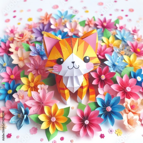 Experience the enchantment of kirigami with a colorful kitty amidst vibrant flowers. This paper-crafted feline poses against a white background, showcasing the intricate artistry of floral harmony