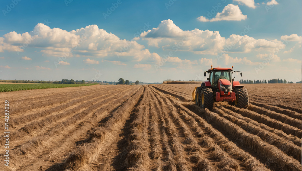 Naklejka premium Harvesting huge field becomes fast and efficient thanks to modern combines. A farmer working on an industrial machine on sunny day cultivates large plantations of land, thereby increasing productivity