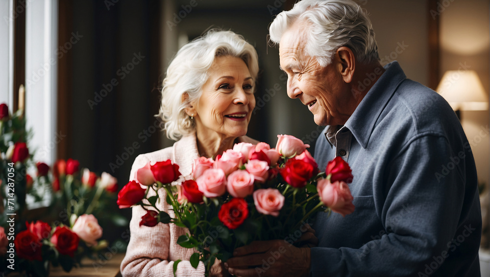 Happy active elderly couple. Senior active couple, man giving woman bouquet of roses, looking happy. In house, winter day on February 14th. Happy Valentine's Day, anniversary of their acquaintance