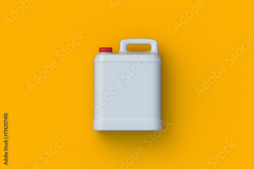 Plastic canister. Chemical product for agriculture. Jerry can for car oil or gasoline. Disinfectant or liquid laundry soap. Empty milk can. Top view. 3d rendering photo