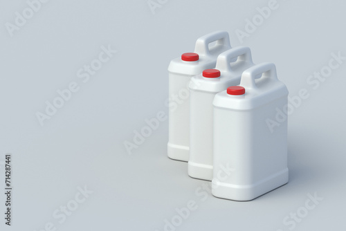 Row of plastic canisters. Chemical product for agriculture. Jerry can for car oil or gasoline. Disinfectant or liquid laundry soap. Empty milk can. Copy space. 3d rendering