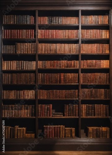 A photo of a book shelf in a room. dark color scheme