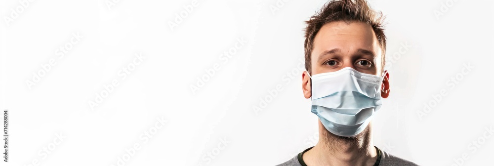 young man in medical mask looking at camera isolated on white, banner with copy space. Medical Mask. Pandemic Concept with copy space. Healthcare Concept. Epidemic Concept. 