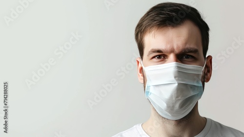 Portrait of a young man in a medical mask on a white background with copy space. Medical Mask. Pandemic Concept with copy space. Healthcare Concept. Epidemic Concept. Copy Space.