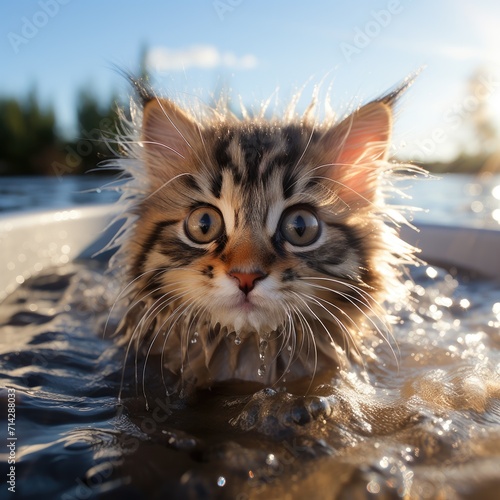 The cat is taking a shower or a bath. A wet cat. © Olga