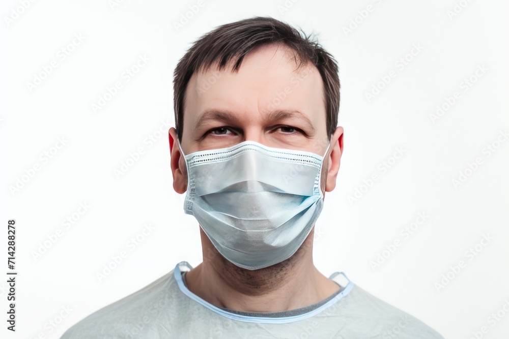 Portrait of a young man in a medical mask. Isolated on white background with copy space. Medical Mask. Pandemic Concept with copy space. Healthcare Concept. Epidemic Concept.  