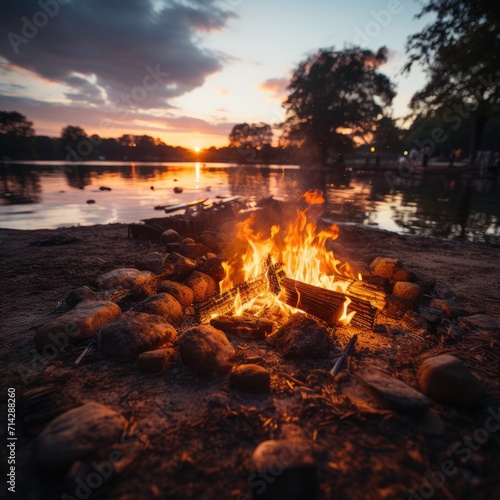 bonfire on the riverbank in the evening, sunset