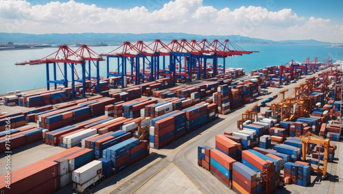 A huge seaport for international transport. It contains thousands of shipping containers stacked high. This port is a modern logistics terminal for cargo transportation by sea