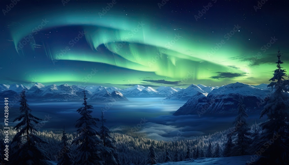 View of night sky with multicolored aurora borealis and snowy mountains peak background. Night glows in vibrant aurora reflection on the lake with forest. 