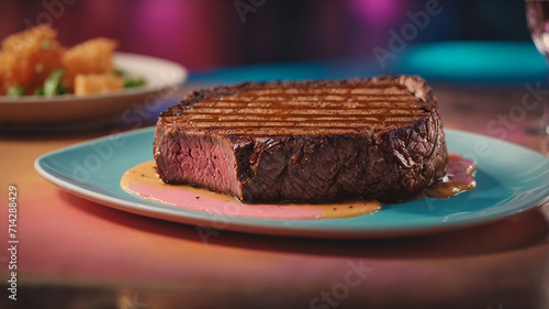 Obraz na płótnie A testy grill steak on a table on a plate.