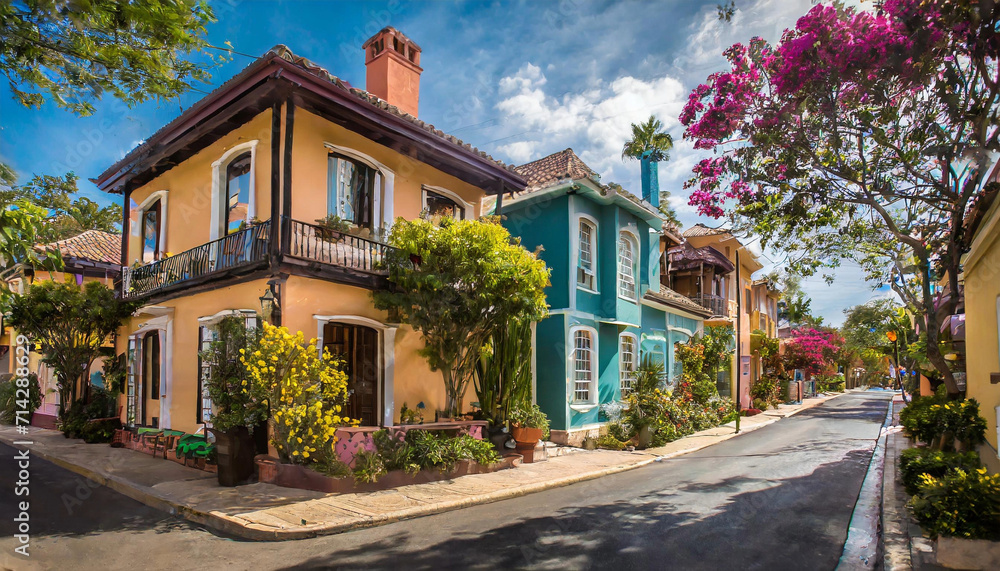 Obraz premium suburban street with diverse architectural styles, including colonial, contemporary, and Mediterranean homes